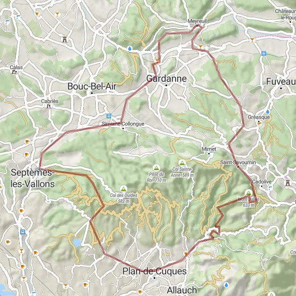 Miniaturní mapa "Do kopce a do lesa" inspirace pro cyklisty v oblasti Provence-Alpes-Côte d’Azur, France. Vytvořeno pomocí plánovače tras Tarmacs.app