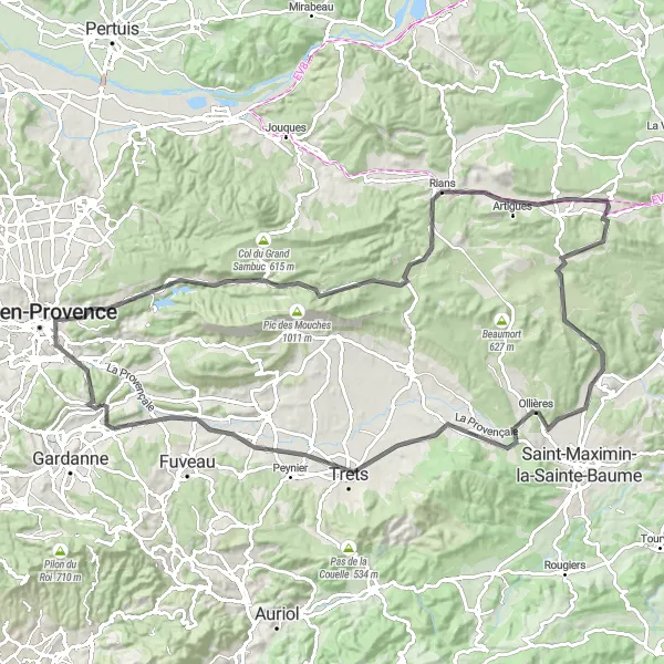 Miniaturní mapa "Cesta kolem Saint-Marc-Jaumegarde až Trets" inspirace pro cyklisty v oblasti Provence-Alpes-Côte d’Azur, France. Vytvořeno pomocí plánovače tras Tarmacs.app