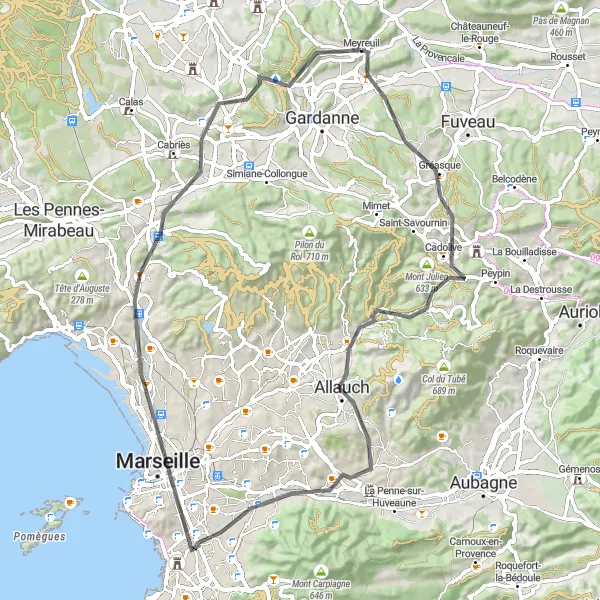 Kartminiatyr av "Oppdag Marseille og omegn" sykkelinspirasjon i Provence-Alpes-Côte d’Azur, France. Generert av Tarmacs.app sykkelrutoplanlegger