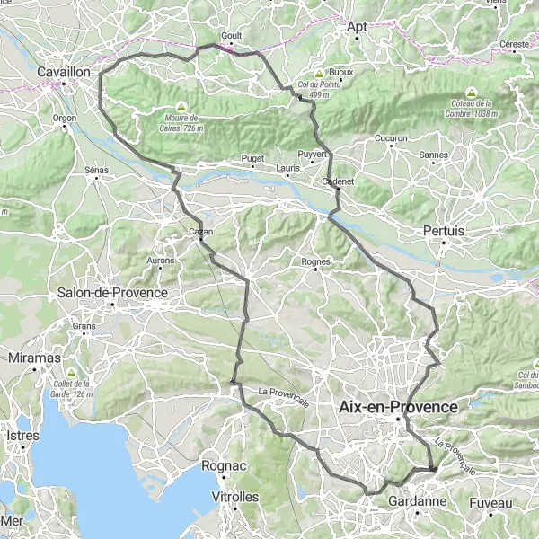 Zemljevid v pomanjšavi "Izjemna cestna tura po Provansi" kolesarske inspiracije v Provence-Alpes-Côte d’Azur, France. Generirano z načrtovalcem kolesarskih poti Tarmacs.app