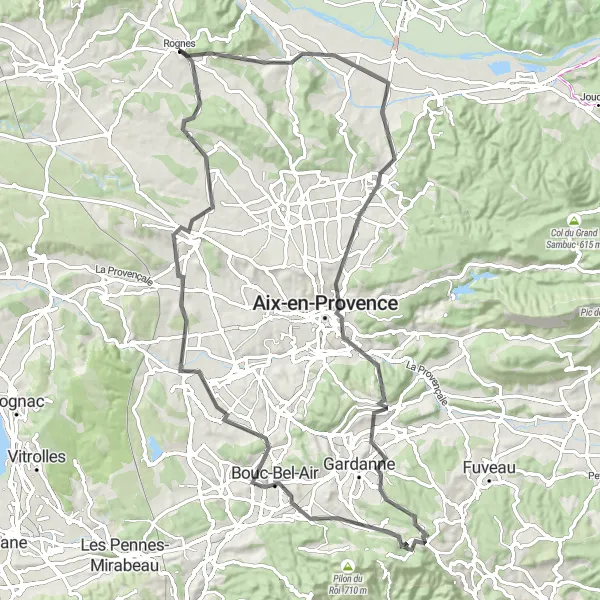 Miniaturní mapa "Okružní cyklotrasa kolem Mimetu" inspirace pro cyklisty v oblasti Provence-Alpes-Côte d’Azur, France. Vytvořeno pomocí plánovače tras Tarmacs.app