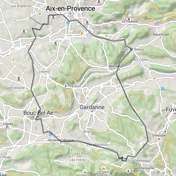 Mapa miniatúra "Cyklistická cesta cez Aix-en-Provence" cyklistická inšpirácia v Provence-Alpes-Côte d’Azur, France. Vygenerované cyklistickým plánovačom trás Tarmacs.app