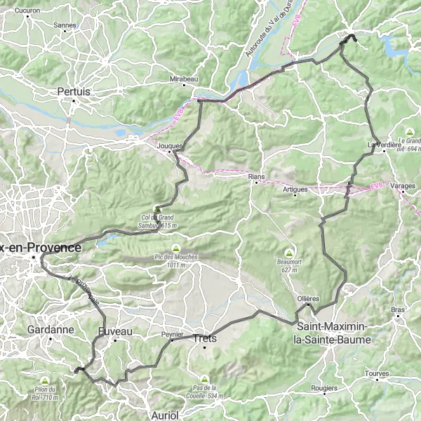 Miniaturní mapa "Náročná cesta kolem Saint-Martin-de-Pallières" inspirace pro cyklisty v oblasti Provence-Alpes-Côte d’Azur, France. Vytvořeno pomocí plánovače tras Tarmacs.app