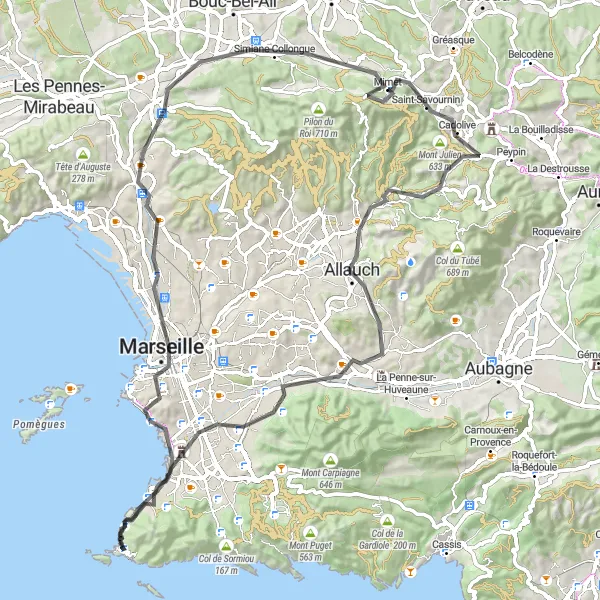 Miniatua del mapa de inspiración ciclista "Ruta escénica por la costa y montañas" en Provence-Alpes-Côte d’Azur, France. Generado por Tarmacs.app planificador de rutas ciclistas