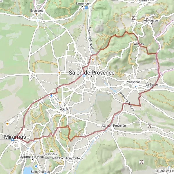 Miniaturní mapa "Okružní cyklistická trasa Miramas - Provence" inspirace pro cyklisty v oblasti Provence-Alpes-Côte d’Azur, France. Vytvořeno pomocí plánovače tras Tarmacs.app