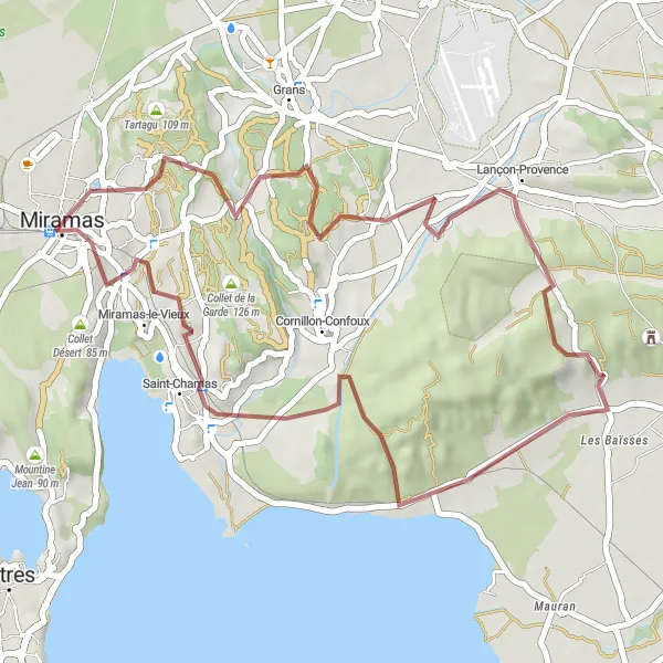 Miniaturní mapa "Gravelová cyklotrasa okolo Miramasu" inspirace pro cyklisty v oblasti Provence-Alpes-Côte d’Azur, France. Vytvořeno pomocí plánovače tras Tarmacs.app