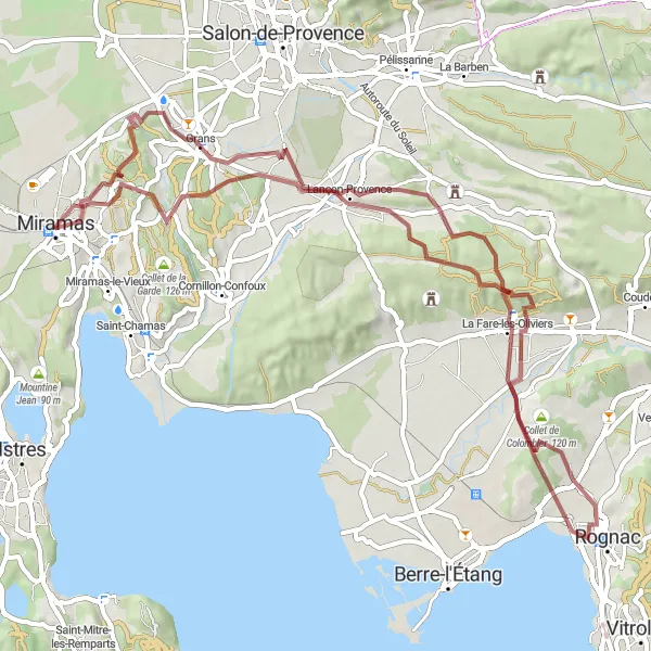 Miniaturní mapa "Gravel: Miramas - Grans - Tartagu" inspirace pro cyklisty v oblasti Provence-Alpes-Côte d’Azur, France. Vytvořeno pomocí plánovače tras Tarmacs.app