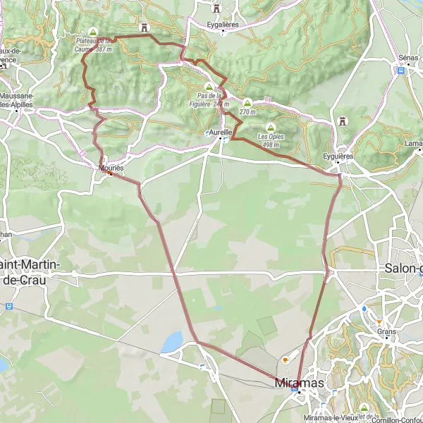 Miniaturní mapa "Okolí Miramas - Gravel" inspirace pro cyklisty v oblasti Provence-Alpes-Côte d’Azur, France. Vytvořeno pomocí plánovače tras Tarmacs.app