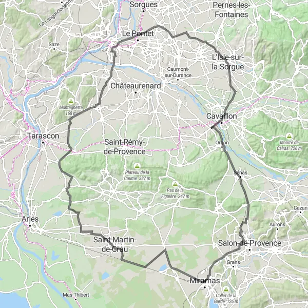 Map miniature of "Miramas to L'Isle-sur-la-Sorgue Road Cycling Route" cycling inspiration in Provence-Alpes-Côte d’Azur, France. Generated by Tarmacs.app cycling route planner