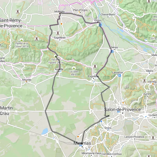 Map miniature of "Miramas to Eyguières Road Cycling Route" cycling inspiration in Provence-Alpes-Côte d’Azur, France. Generated by Tarmacs.app cycling route planner