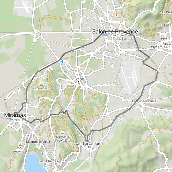 Miniaturní mapa "Road: Tartagu - Cornillon-Confoux - Courroyes" inspirace pro cyklisty v oblasti Provence-Alpes-Côte d’Azur, France. Vytvořeno pomocí plánovače tras Tarmacs.app
