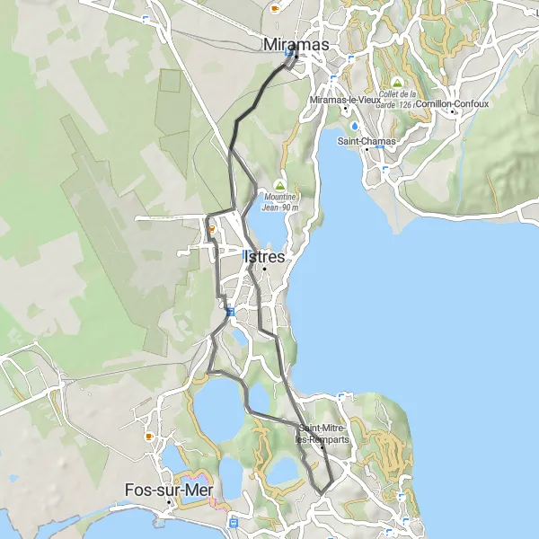 Map miniature of "Saint-Mitre-les-Remparts to Miramas Road Cycling Route" cycling inspiration in Provence-Alpes-Côte d’Azur, France. Generated by Tarmacs.app cycling route planner