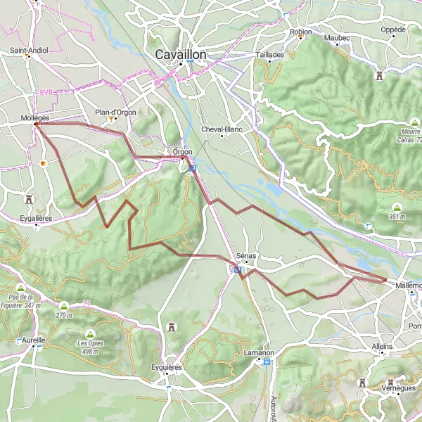 Miniatuurkaart van de fietsinspiratie "Gravelroute van Mollégès naar Orgon" in Provence-Alpes-Côte d’Azur, France. Gemaakt door de Tarmacs.app fietsrouteplanner