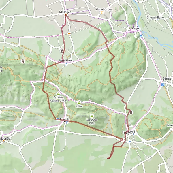 Miniatuurkaart van de fietsinspiratie "Gravelroute van Mollégès naar Eygalières" in Provence-Alpes-Côte d’Azur, France. Gemaakt door de Tarmacs.app fietsrouteplanner