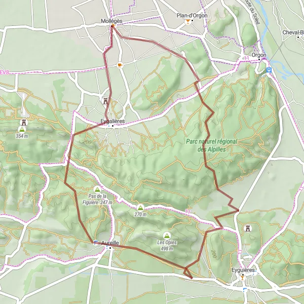 Miniatuurkaart van de fietsinspiratie "Gravelroute van Mollégès naar Eygalières" in Provence-Alpes-Côte d’Azur, France. Gemaakt door de Tarmacs.app fietsrouteplanner