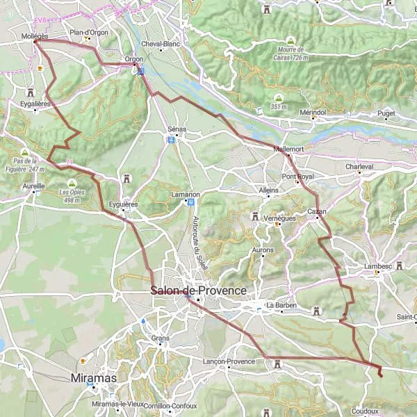 Karten-Miniaturansicht der Radinspiration "97 km lange Gravel-Tour ab Mollégès" in Provence-Alpes-Côte d’Azur, France. Erstellt vom Tarmacs.app-Routenplaner für Radtouren