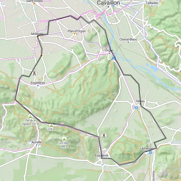 Karten-Miniaturansicht der Radinspiration "52 km Rundfahrt ab Mollégès" in Provence-Alpes-Côte d’Azur, France. Erstellt vom Tarmacs.app-Routenplaner für Radtouren