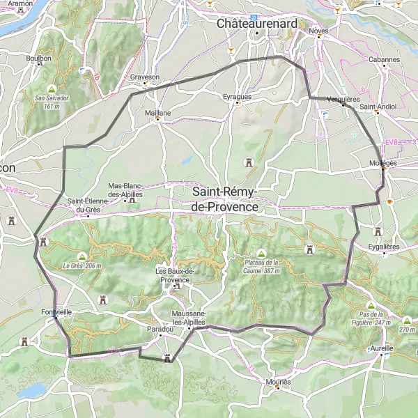 Miniatuurkaart van de fietsinspiratie "Korte route van Mollégès naar Verquières" in Provence-Alpes-Côte d’Azur, France. Gemaakt door de Tarmacs.app fietsrouteplanner