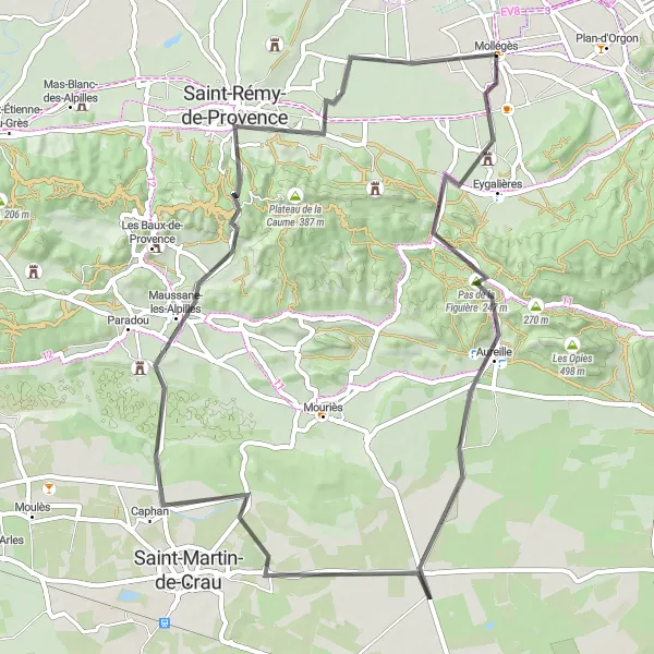 Karten-Miniaturansicht der Radinspiration "Tour de Provence: Mollégès Loop" in Provence-Alpes-Côte d’Azur, France. Erstellt vom Tarmacs.app-Routenplaner für Radtouren