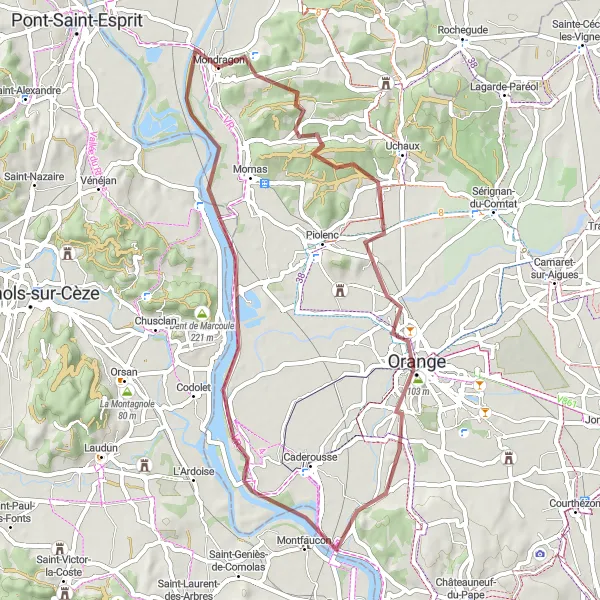 Mapa miniatúra "Gravelová cyklotrasa z Mondragónu" cyklistická inšpirácia v Provence-Alpes-Côte d’Azur, France. Vygenerované cyklistickým plánovačom trás Tarmacs.app