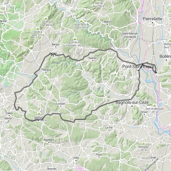 Kartminiatyr av "Provence-Alpes-Côte d’Azur - Vénéjan Loop" cykelinspiration i Provence-Alpes-Côte d’Azur, France. Genererad av Tarmacs.app cykelruttplanerare