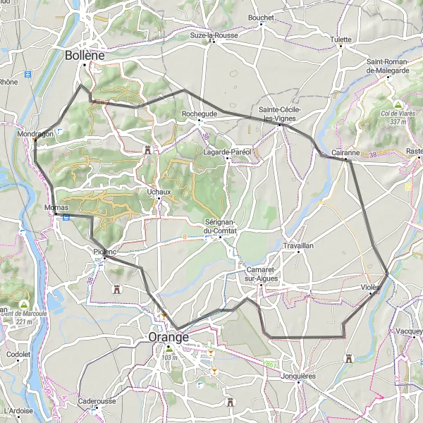 Miniaturní mapa "Okruh kolem Mondragonu a Orange" inspirace pro cyklisty v oblasti Provence-Alpes-Côte d’Azur, France. Vytvořeno pomocí plánovače tras Tarmacs.app
