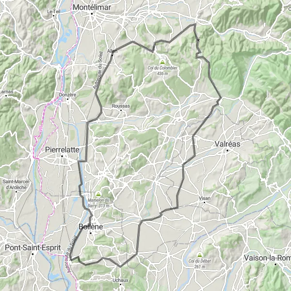 Map miniature of "Scenic Delights: Mondragon and Beyond" cycling inspiration in Provence-Alpes-Côte d’Azur, France. Generated by Tarmacs.app cycling route planner