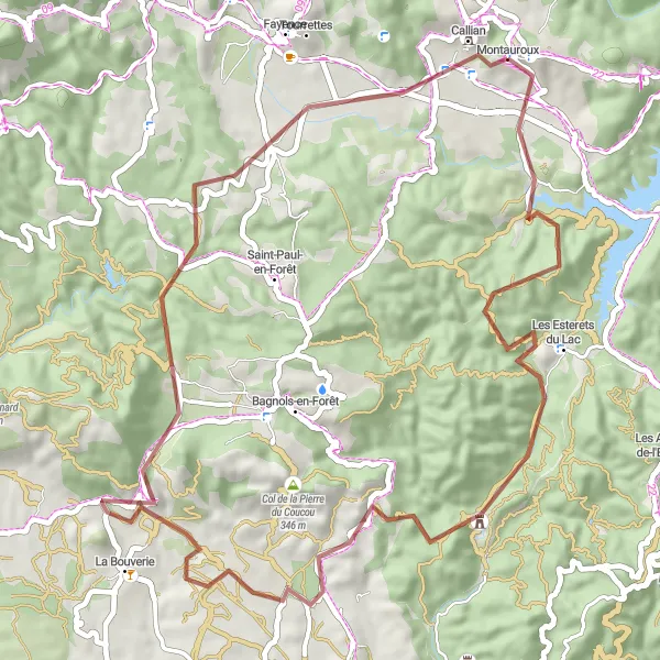 Miniature de la carte de l'inspiration cycliste "Exploration des pistes gravel autour de Montauroux" dans la Provence-Alpes-Côte d’Azur, France. Générée par le planificateur d'itinéraire cycliste Tarmacs.app