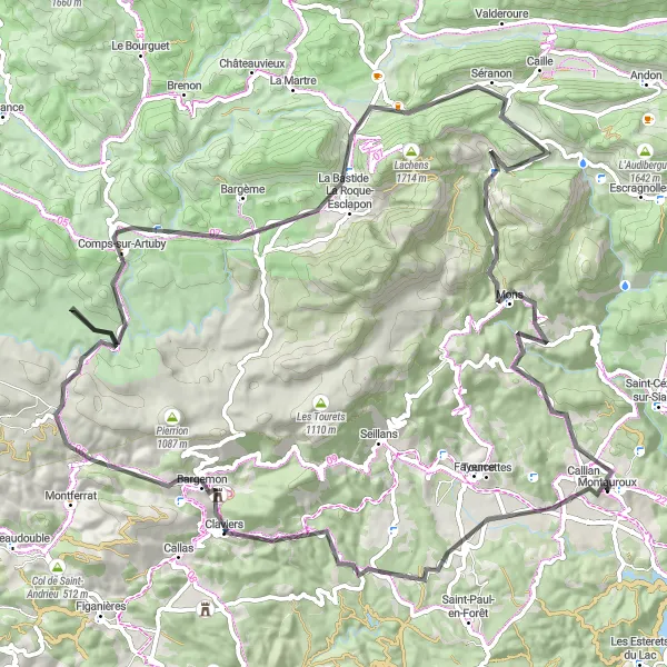 Miniatuurkaart van de fietsinspiratie "Bergachtige Road Cycling Route van Montauroux" in Provence-Alpes-Côte d’Azur, France. Gemaakt door de Tarmacs.app fietsrouteplanner