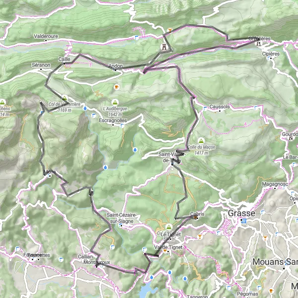 Miniaturekort af cykelinspirationen "Udforsk Gréolières og omegn på 111 km landevejstur" i Provence-Alpes-Côte d’Azur, France. Genereret af Tarmacs.app cykelruteplanlægger