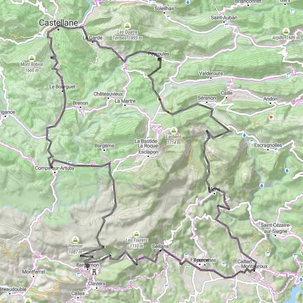 Mapa miniatúra "Okružná cyklistická trasa cez Seillans a Castellane" cyklistická inšpirácia v Provence-Alpes-Côte d’Azur, France. Vygenerované cyklistickým plánovačom trás Tarmacs.app
