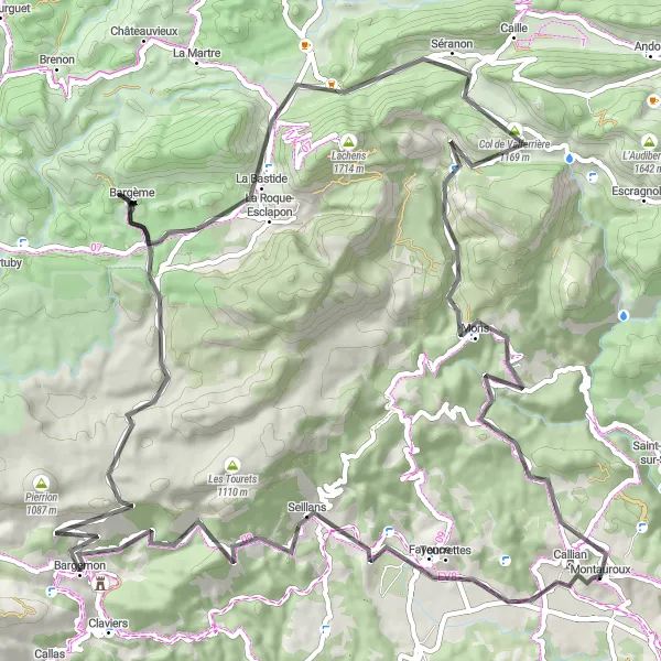 Miniaturekort af cykelinspirationen "Panoramisk rute fra Montauroux til Bargème" i Provence-Alpes-Côte d’Azur, France. Genereret af Tarmacs.app cykelruteplanlægger