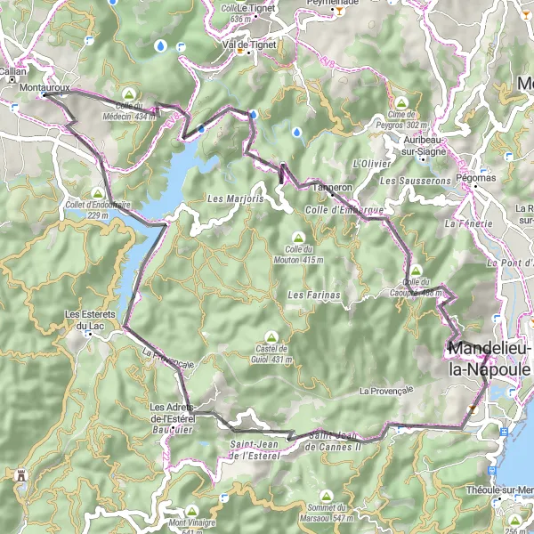 Miniature de la carte de l'inspiration cycliste "Parcours sportif entre Mandelieu et l'Estérel" dans la Provence-Alpes-Côte d’Azur, France. Générée par le planificateur d'itinéraire cycliste Tarmacs.app