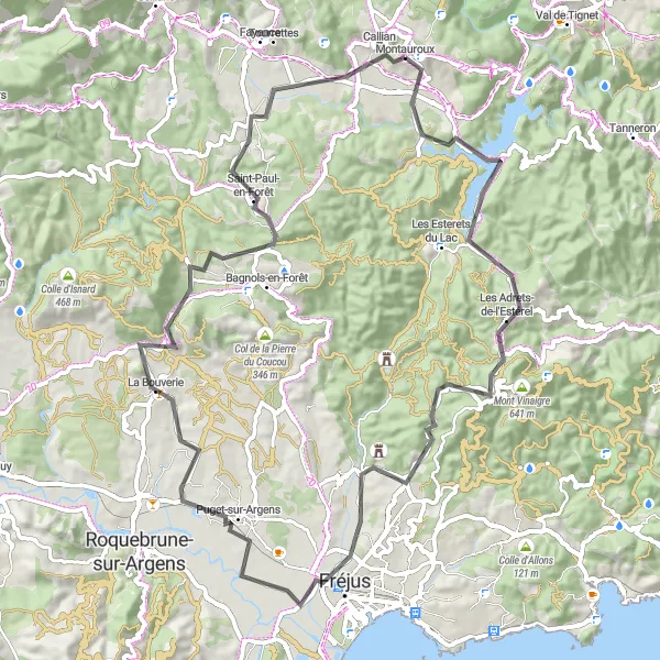 Zemljevid v pomanjšavi "Cestno potovanje po okolici Montauroux" kolesarske inspiracije v Provence-Alpes-Côte d’Azur, France. Generirano z načrtovalcem kolesarskih poti Tarmacs.app