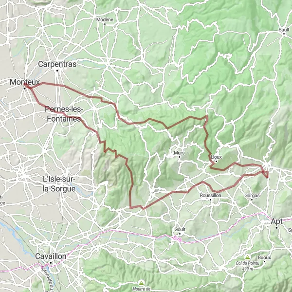 Mapa miniatúra "Okruh Monteux - Venasque - Col de Murs - Lioux - Mourre Blanc - Les Sauvestres - La Roque-sur-Pernes - Monteux" cyklistická inšpirácia v Provence-Alpes-Côte d’Azur, France. Vygenerované cyklistickým plánovačom trás Tarmacs.app