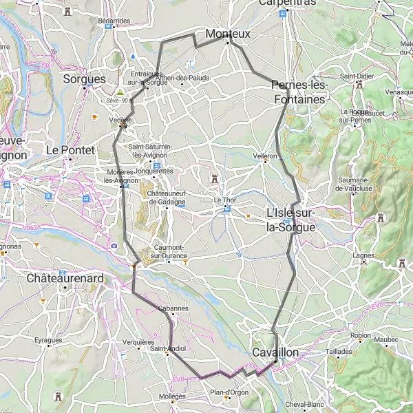 Mapa miniatúra "Okruh Monteux - Pernes-les-Fontaines - L'Isle-sur-la-Sorgue - Cavaillon - La Durance - Cabannes - Vedène - Monteux" cyklistická inšpirácia v Provence-Alpes-Côte d’Azur, France. Vygenerované cyklistickým plánovačom trás Tarmacs.app