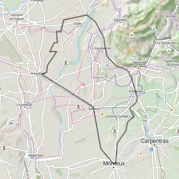 Miniature de la carte de l'inspiration cycliste "Boucle à vélo autour de Monteux" dans la Provence-Alpes-Côte d’Azur, France. Générée par le planificateur d'itinéraire cycliste Tarmacs.app
