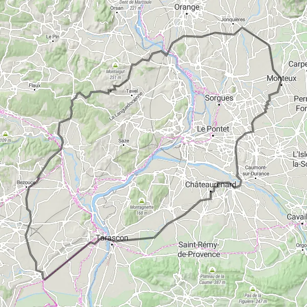 Mapa miniatúra "Cyklotrasa z Monteux do Sarrians" cyklistická inšpirácia v Provence-Alpes-Côte d’Azur, France. Vygenerované cyklistickým plánovačom trás Tarmacs.app