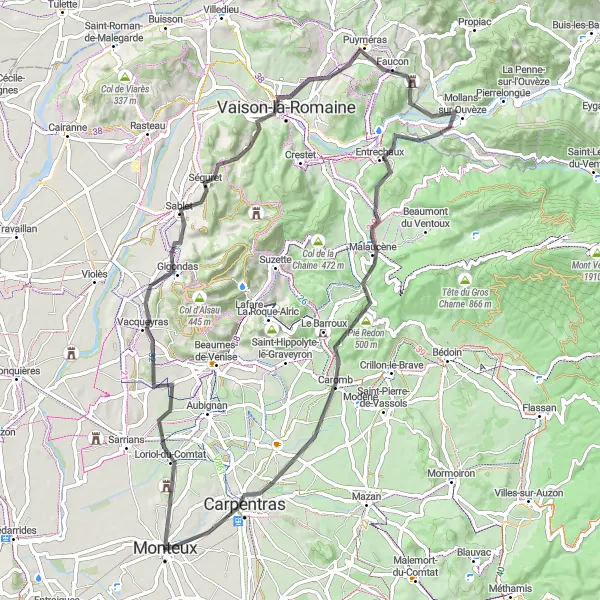 Map miniature of "Vineyards and Panoramas" cycling inspiration in Provence-Alpes-Côte d’Azur, France. Generated by Tarmacs.app cycling route planner