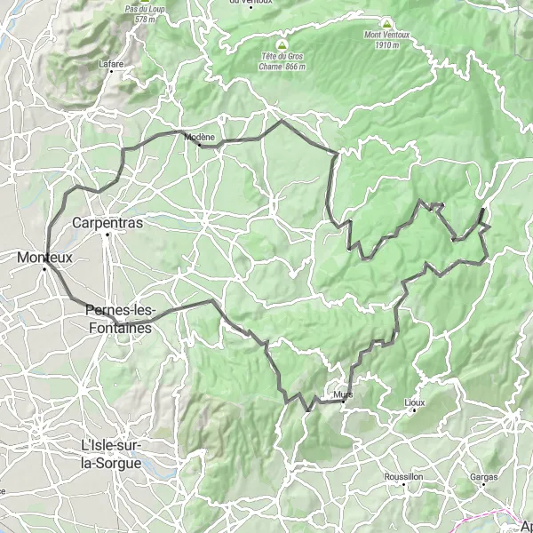 Zemljevid v pomanjšavi "Izzivajoča kolesarska pot do Monteux" kolesarske inspiracije v Provence-Alpes-Côte d’Azur, France. Generirano z načrtovalcem kolesarskih poti Tarmacs.app