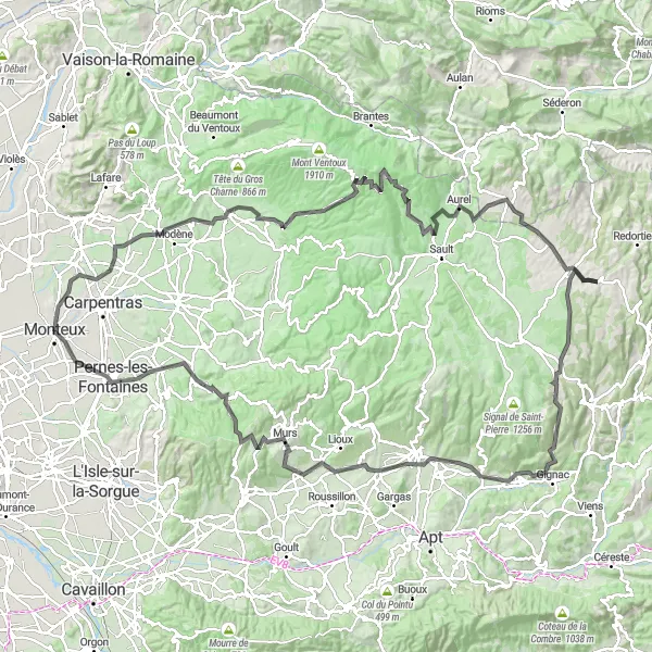 Mapa miniatúra "Okruh Monteux - Modène - Pas de la Frache - Aurel - Revest-du-Bion - Le Pointu - Rustrel - Mourre Blanc - Joucas - Venasque - Pernes-les-Fontaines - Monteux" cyklistická inšpirácia v Provence-Alpes-Côte d’Azur, France. Vygenerované cyklistickým plánovačom trás Tarmacs.app