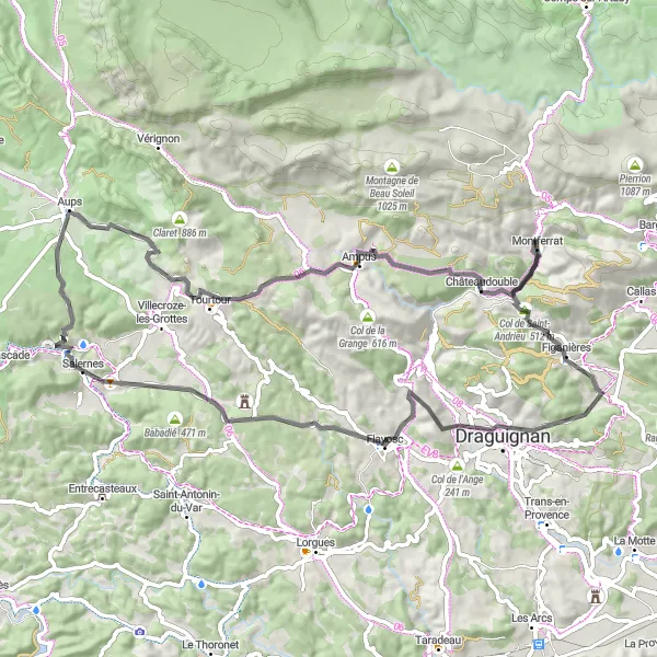 Miniatua del mapa de inspiración ciclista "Ruta en carretera de Montferrat a Châteaudouble" en Provence-Alpes-Côte d’Azur, France. Generado por Tarmacs.app planificador de rutas ciclistas