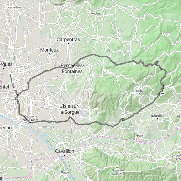 Kartminiatyr av "Rundtur til Cabrières-d'Avignon" sykkelinspirasjon i Provence-Alpes-Côte d’Azur, France. Generert av Tarmacs.app sykkelrutoplanlegger