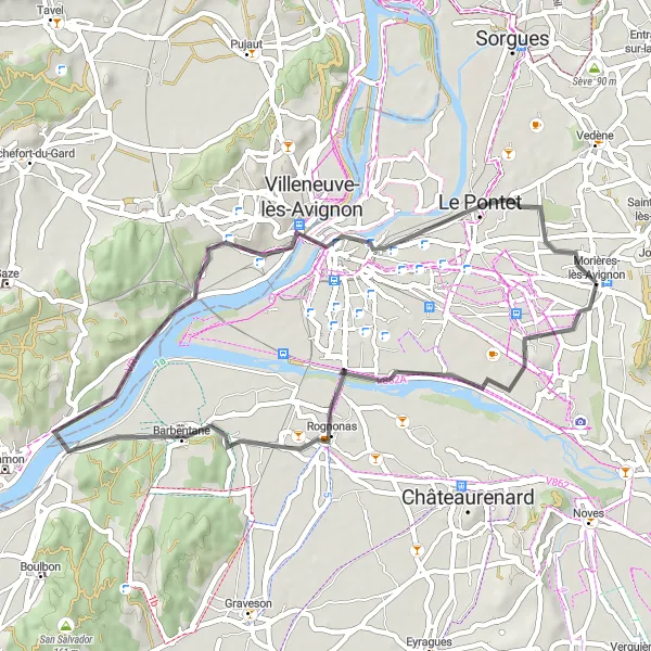 Karten-Miniaturansicht der Radinspiration "Rundweg entlang der Dörfer von Morières-lès-Avignon" in Provence-Alpes-Côte d’Azur, France. Erstellt vom Tarmacs.app-Routenplaner für Radtouren