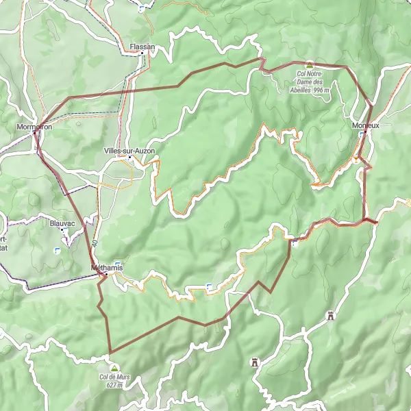 Map miniature of "Mormoiron Gravel Route" cycling inspiration in Provence-Alpes-Côte d’Azur, France. Generated by Tarmacs.app cycling route planner