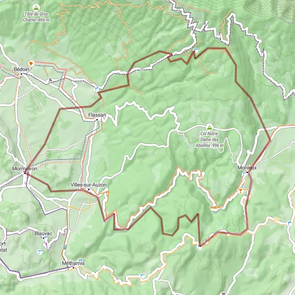 Mapa miniatúra "Gravelová cyklotrasa okolo Mormoironu" cyklistická inšpirácia v Provence-Alpes-Côte d’Azur, France. Vygenerované cyklistickým plánovačom trás Tarmacs.app