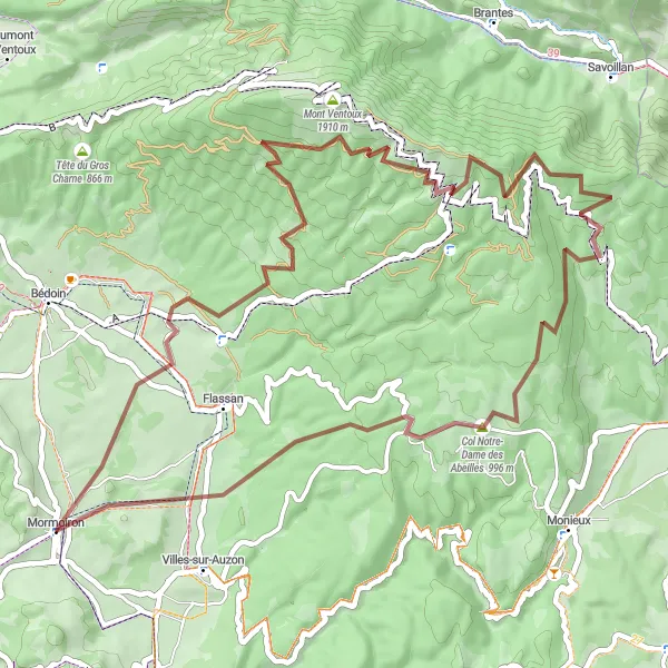 Miniatua del mapa de inspiración ciclista "Desafío Gravel de Mormoiron a Col Notre-Dame des Abeilles" en Provence-Alpes-Côte d’Azur, France. Generado por Tarmacs.app planificador de rutas ciclistas