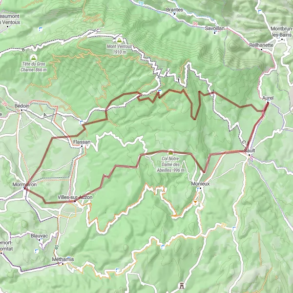 Map miniature of "Mormoiron Gravel Adventure" cycling inspiration in Provence-Alpes-Côte d’Azur, France. Generated by Tarmacs.app cycling route planner