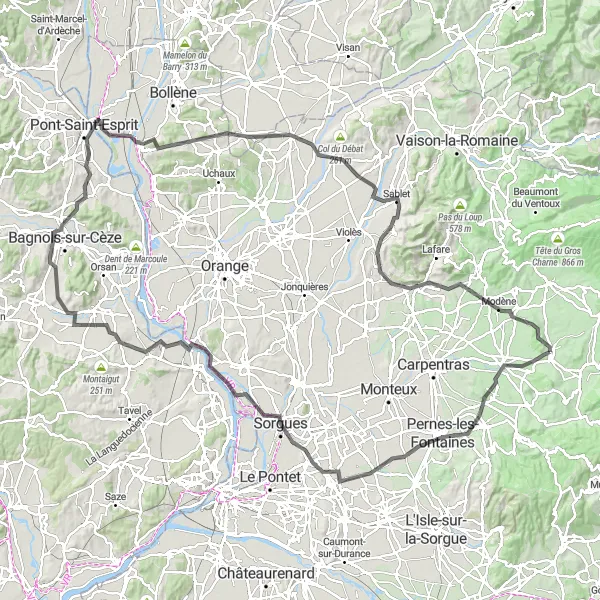 Miniatura mapy "Trasa przez Mazan i Vénéjan" - trasy rowerowej w Provence-Alpes-Côte d’Azur, France. Wygenerowane przez planer tras rowerowych Tarmacs.app