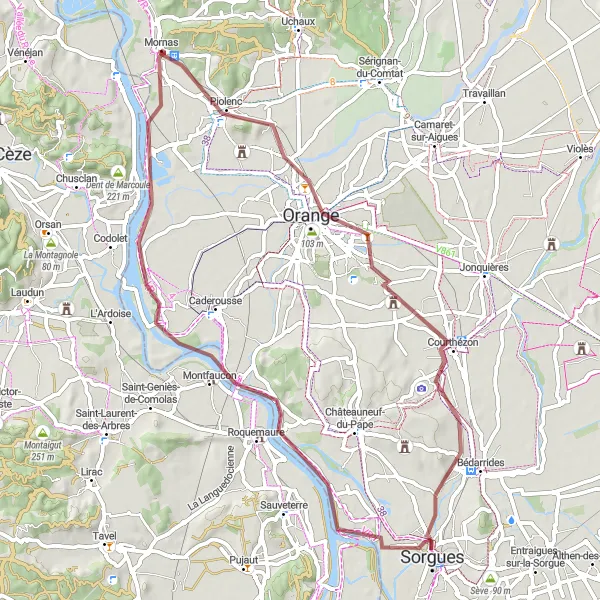 Miniatua del mapa de inspiración ciclista "Ruta de grava de Mornas a Montfaucon" en Provence-Alpes-Côte d’Azur, France. Generado por Tarmacs.app planificador de rutas ciclistas